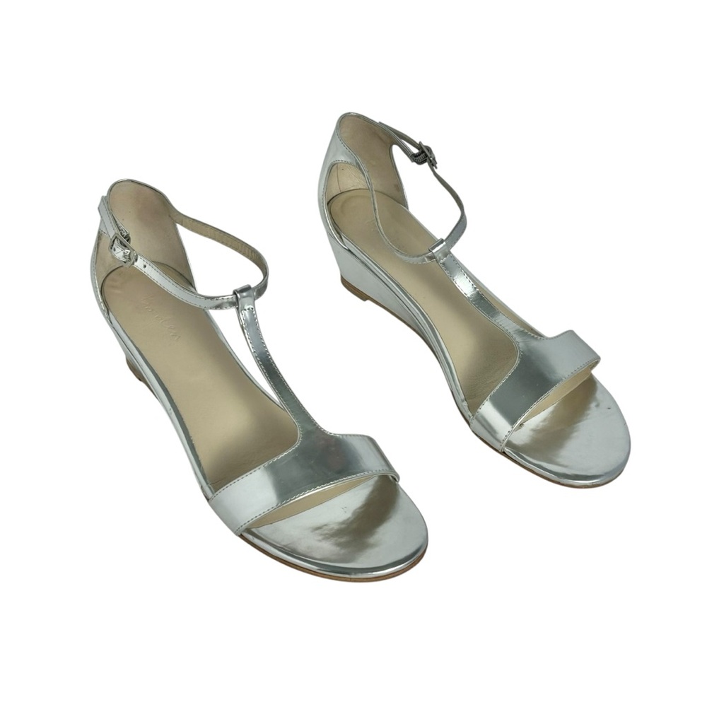 Boden Silver Metallic T-Strap Wedge Sandals